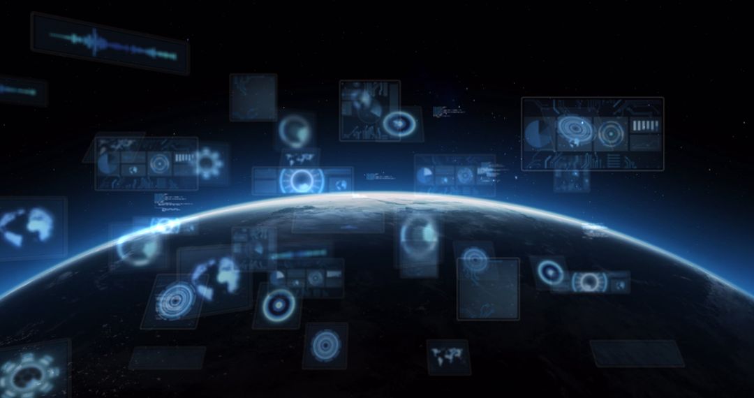 Futuristic Digital Screens Floating Over Earth with Glowing Horizon