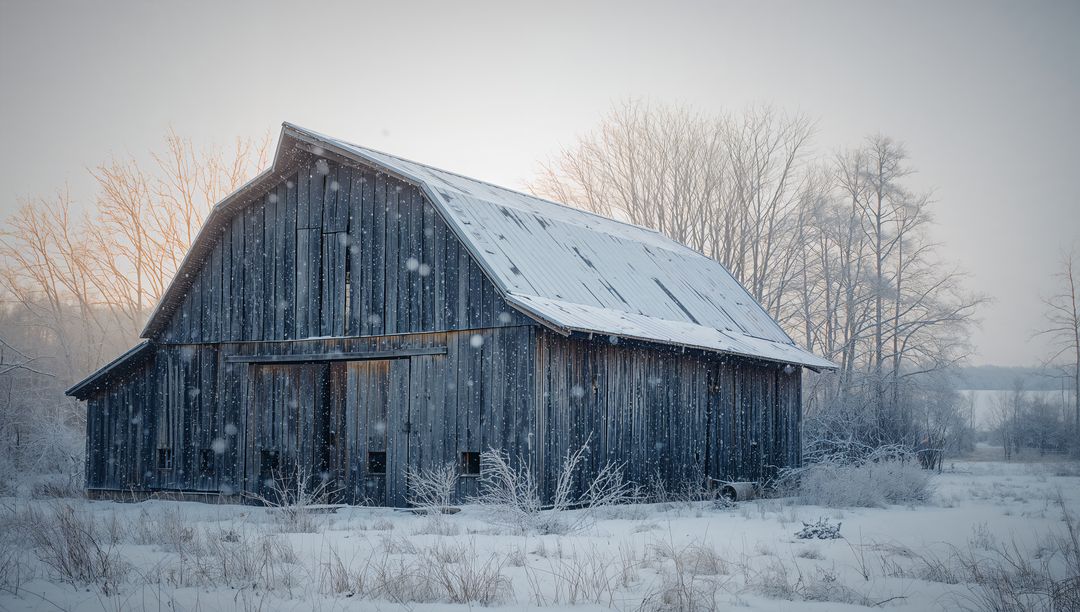 Weathered Gambrel Barn Standing in Snowy Field at Dawn with Frosted Trees and Metal Roof