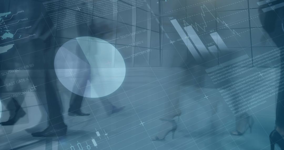 Blurred Businesspeople Walking with Financial Graphs Overlay