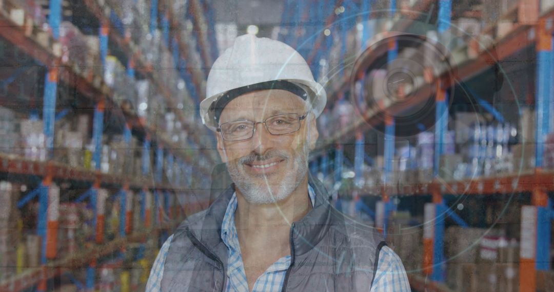 Warehouse Supervisor with Security Overlay Smiling in Distribution Center