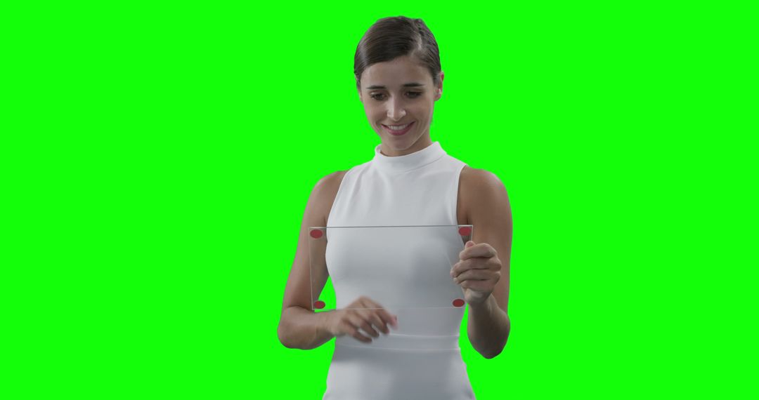 Woman Interacting with Virtual Tablet on Green Screen - Free Images, Stock Photos and Pictures on Pikwizard.com