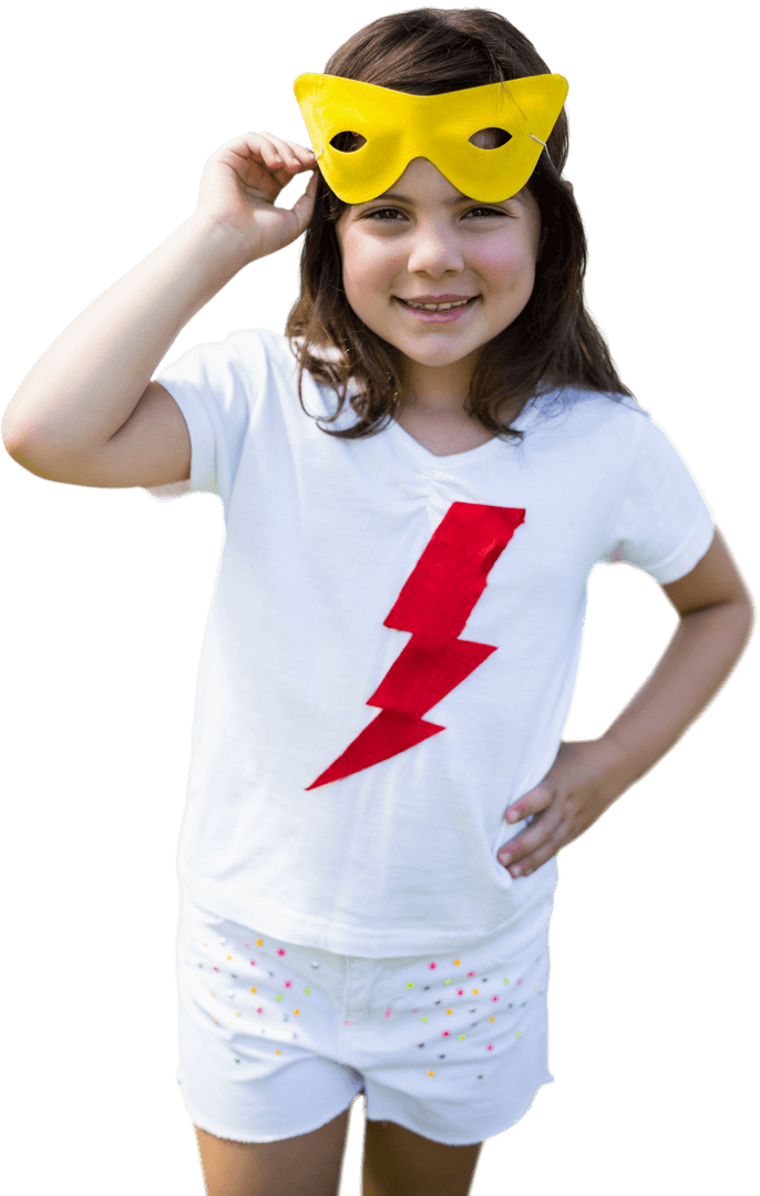 Smiling Girl Wearing Superhero Mask on Transparent Background