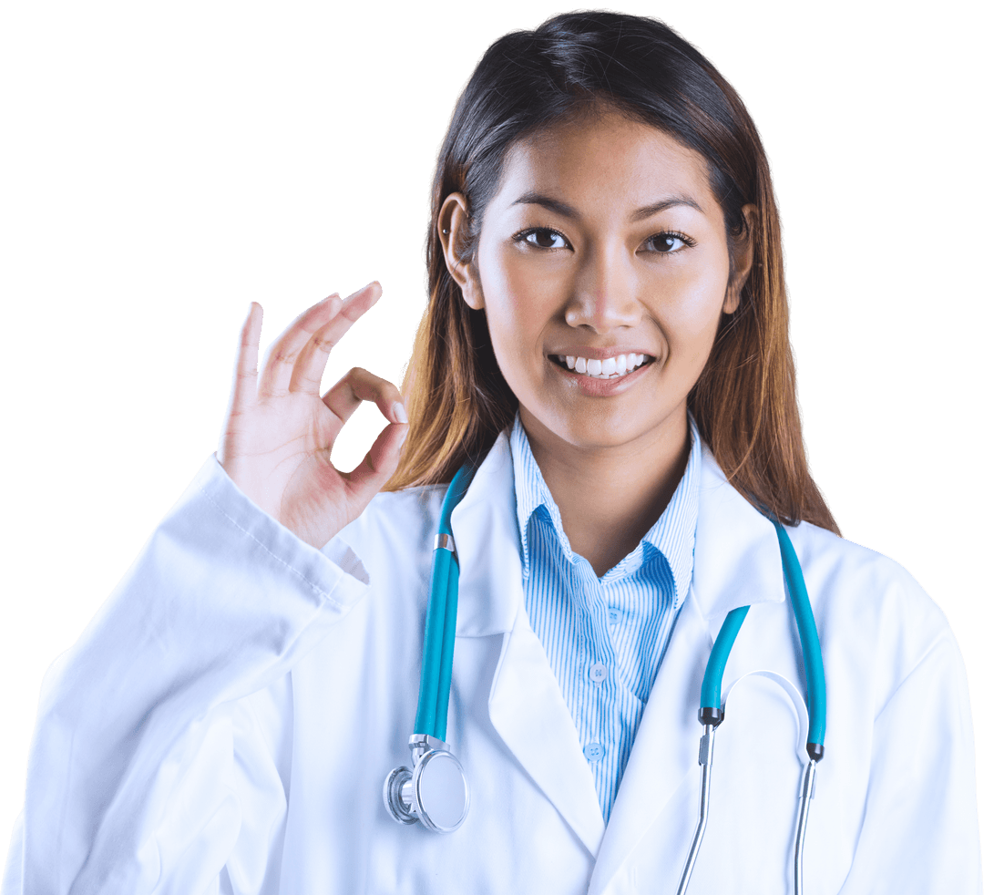Transparent Asian Doctor Smiling Giving Okay Hand Gesture