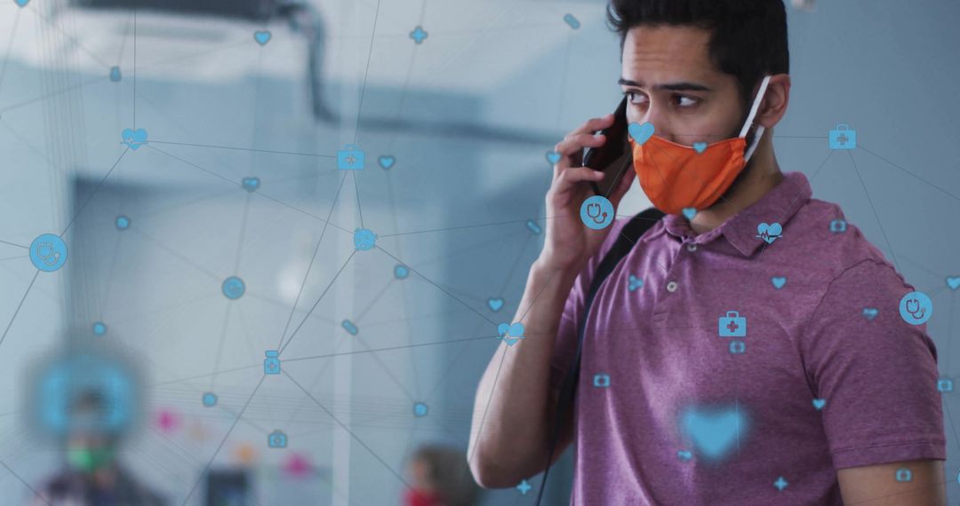 Man Talking on Smartphone with Health Technology Overlay