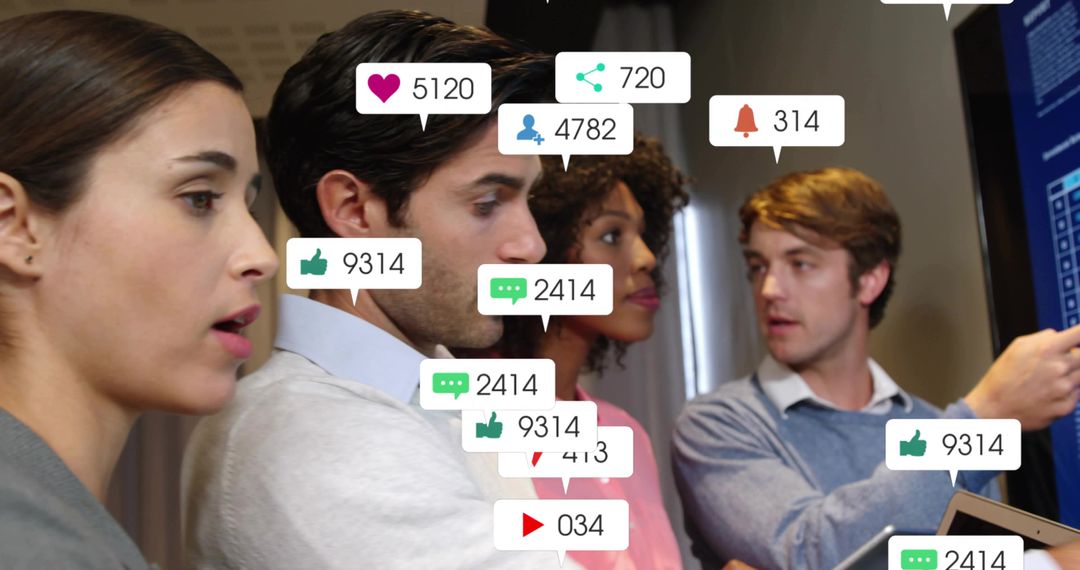 Team Analyzing Social Media Metrics on Touchscreen
