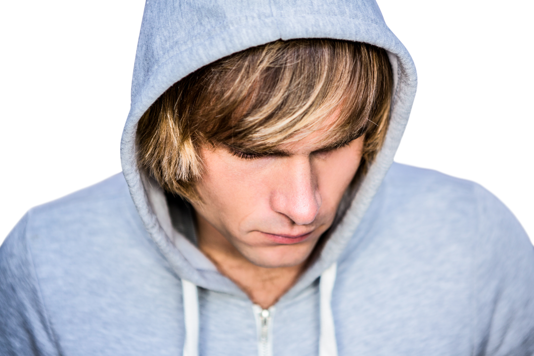 Focused Man in Hoodie With Downcast Eyes Looking Serious Transparent Background - Download Free Stock Images Pikwizard.com