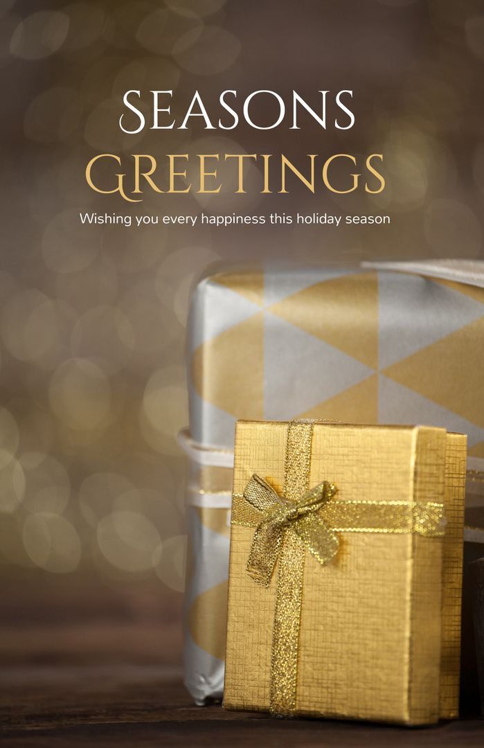 Elegant Holiday Greeting Card with Gold Gift Boxes and Festive Message