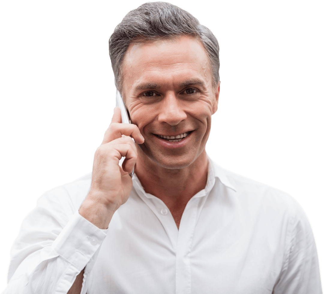 Confident Mature Businessman Smiling While Talking on Smartphone Transparent