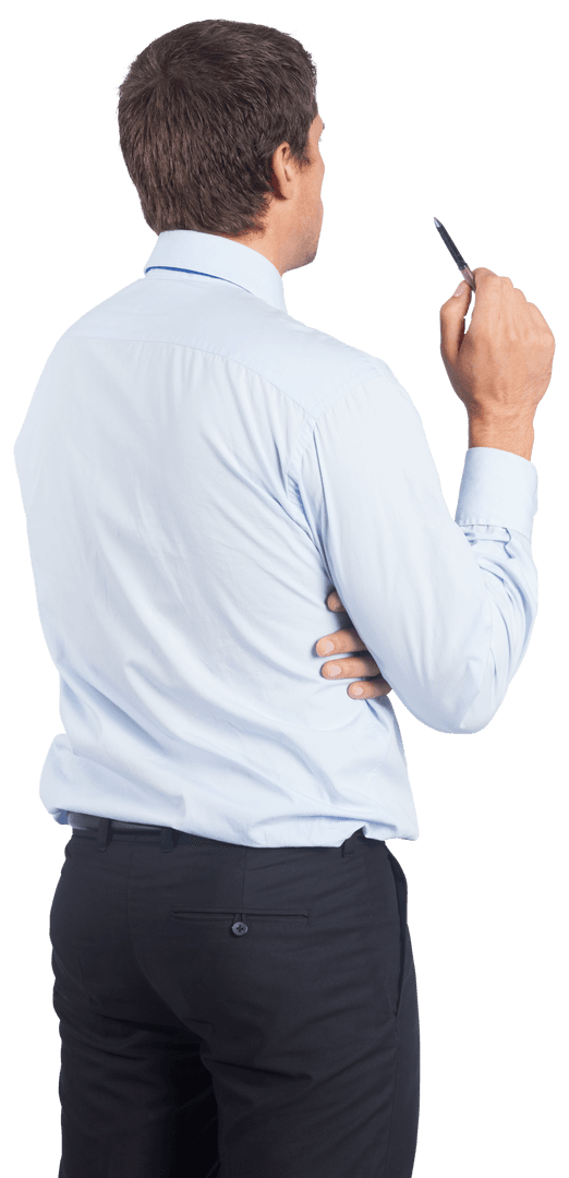 Transparent Businessman Holding Pen Facing Away