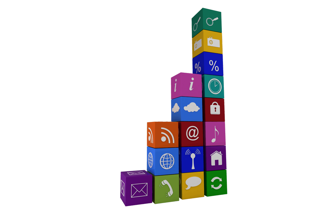 Digital Stacks of Cubes with Symbols on Transparent Background