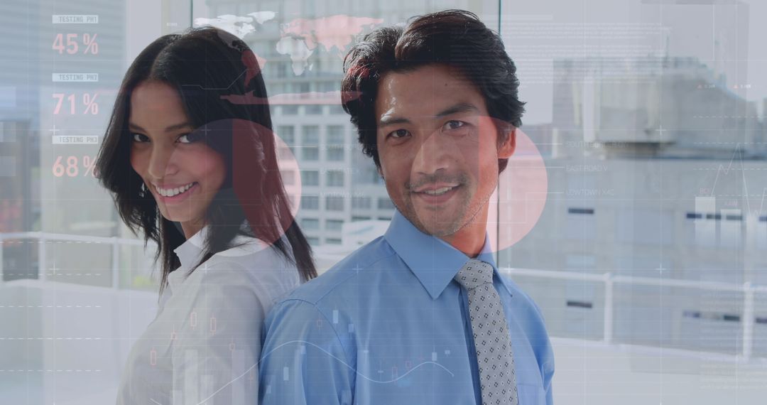 Happy Business Professionals with Data Overlay