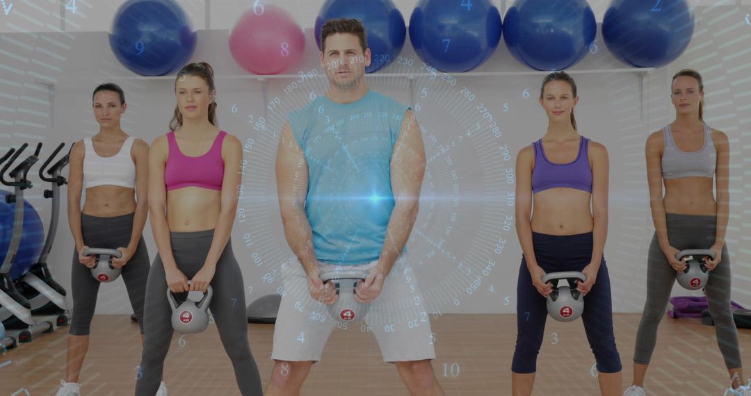 Fit Group Training with Kettlebells in Modern Gym Environment