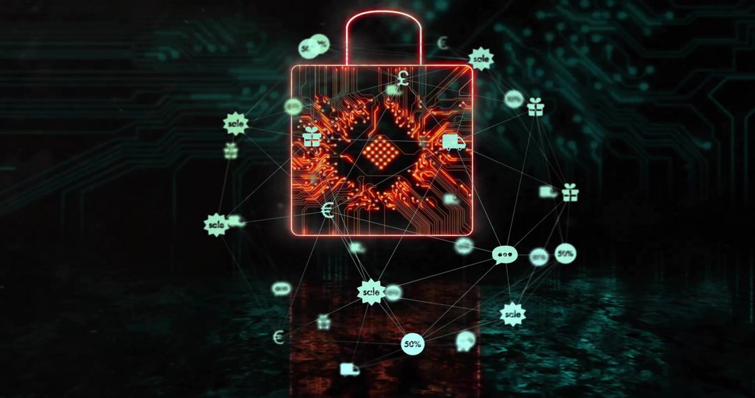 Glowing Cybersecurity Lock with Digital Network Icons