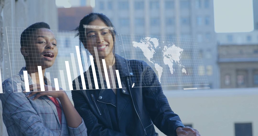 Urban Professionals Analyzing Data with Graph Overlay on Rooftop