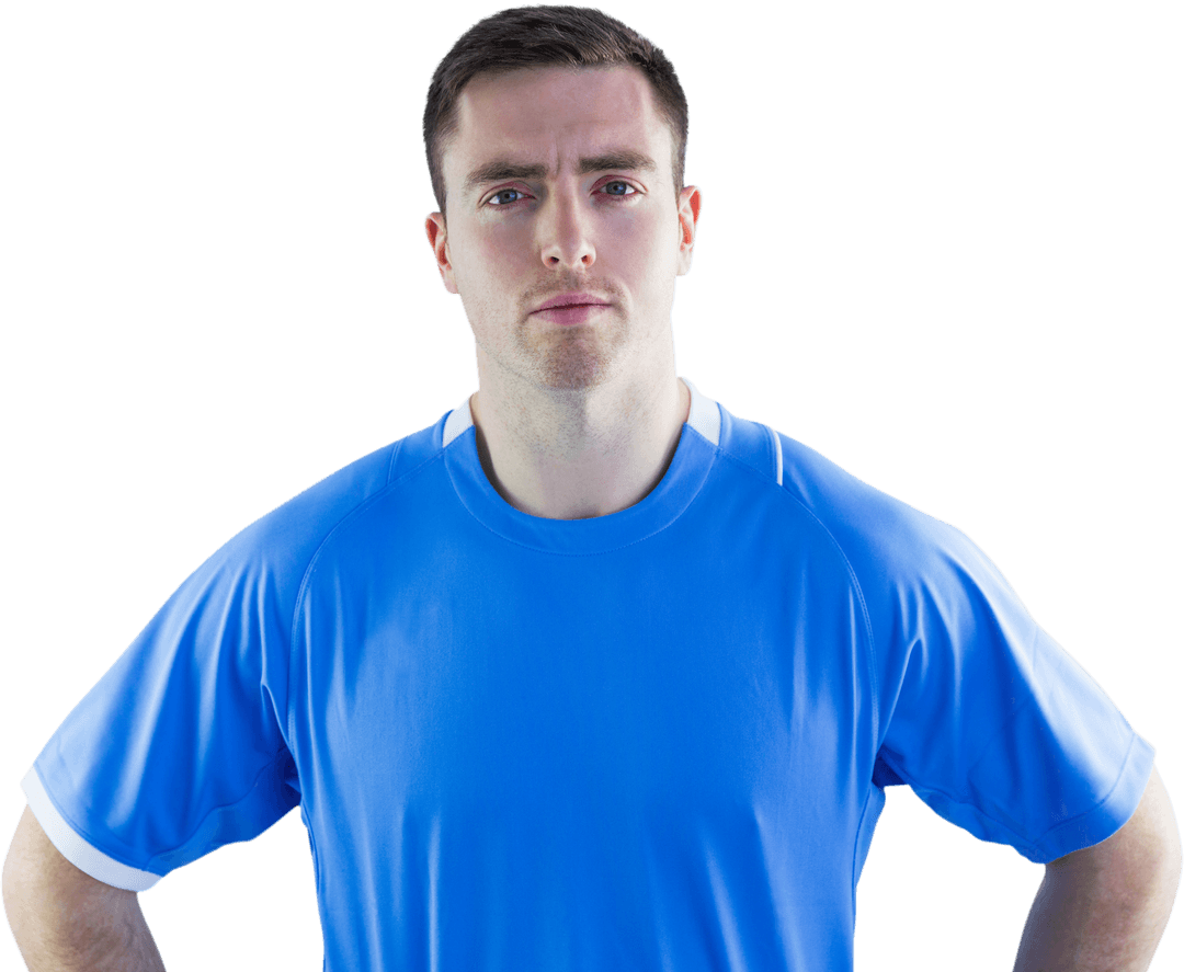 Front-Facing Transparent Rugby Player with Serious Pose and Hands on Hips