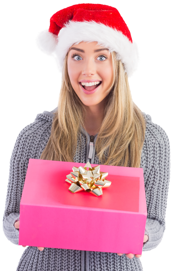 Festive Woman Holding Transparent Christmas Gift with Santa Hat - Download Free Stock Images Pikwizard.com