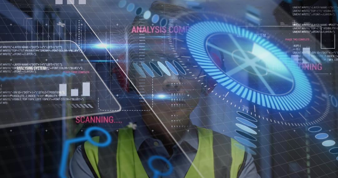 Engineer Analyzing Holographic Interface at Industrial Site