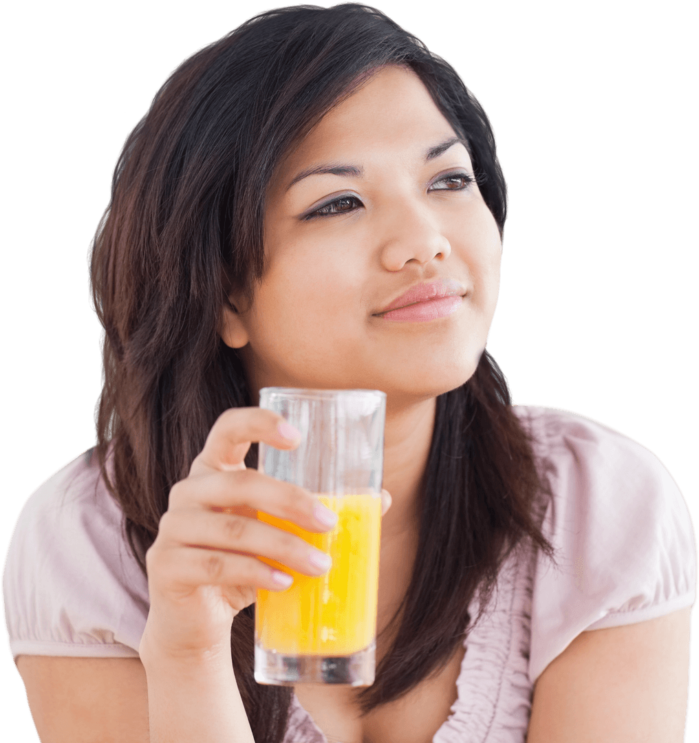 Woman Drinking Orange Juice with Transparent Background