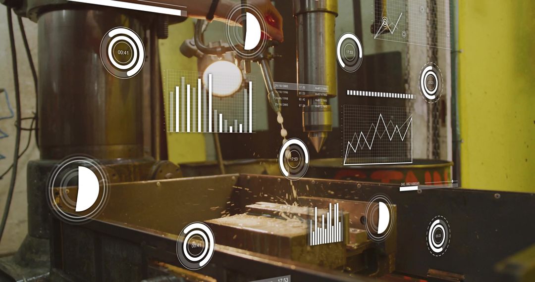 CNC Milling Machine Cutting Metal with HUD Analytics Overlay Spraying Coolant Ejecting Chips