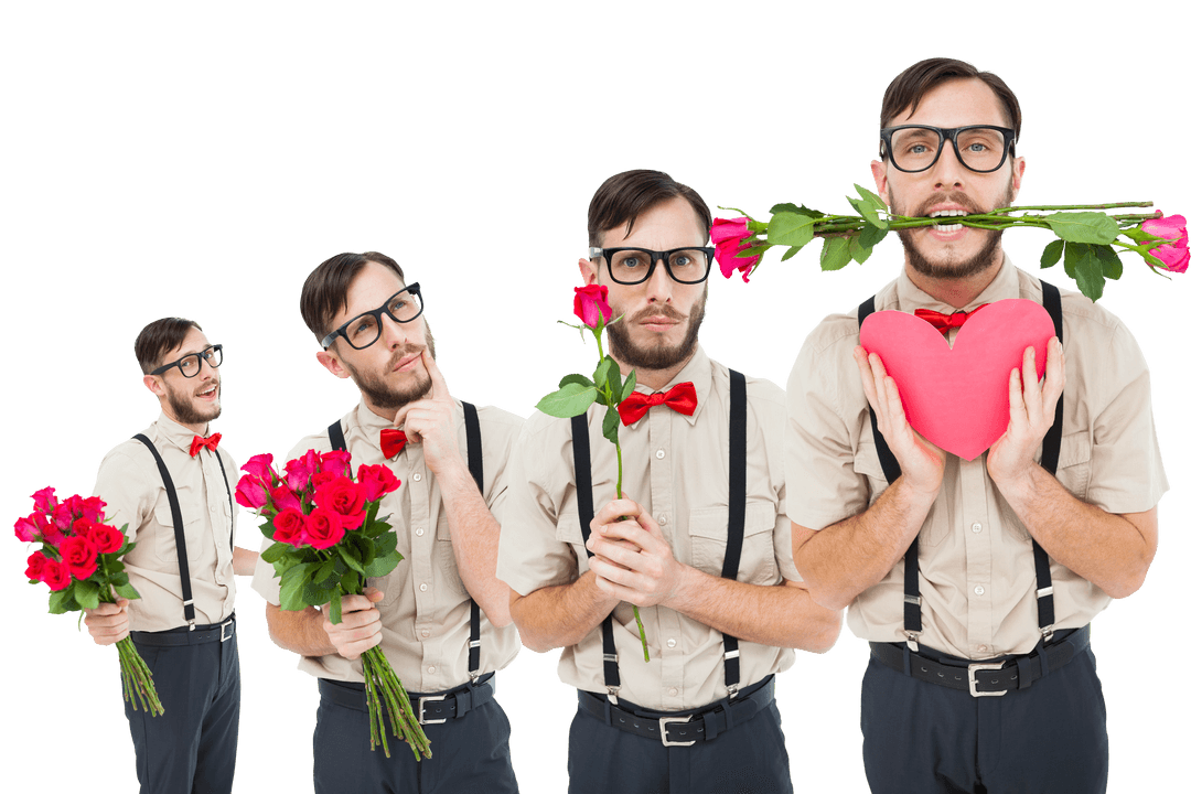 Transparent Romantic Man in Love Posing with Roses and Heart