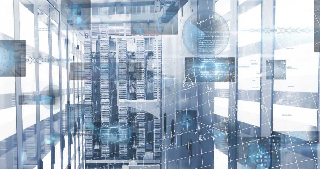 Futuristic Server Room with Data Processing Displays