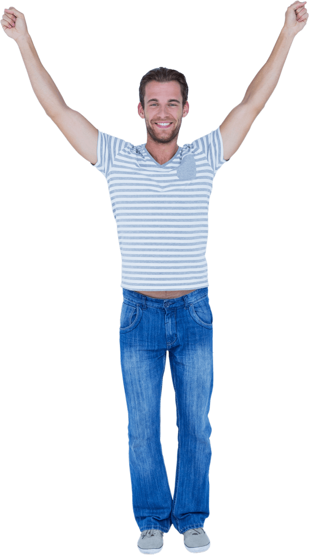 Portrait of Happy Transparent Man in Casual with Hands Raised