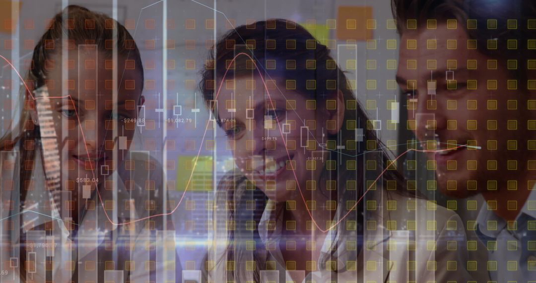 Diverse Team Analyzing Digital Data with Financial Graphs