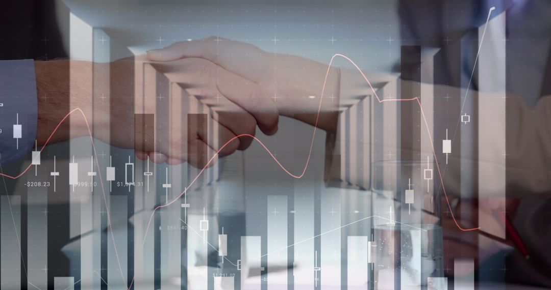 Business Handshake Amidst Financial Data and Graphs Overlay