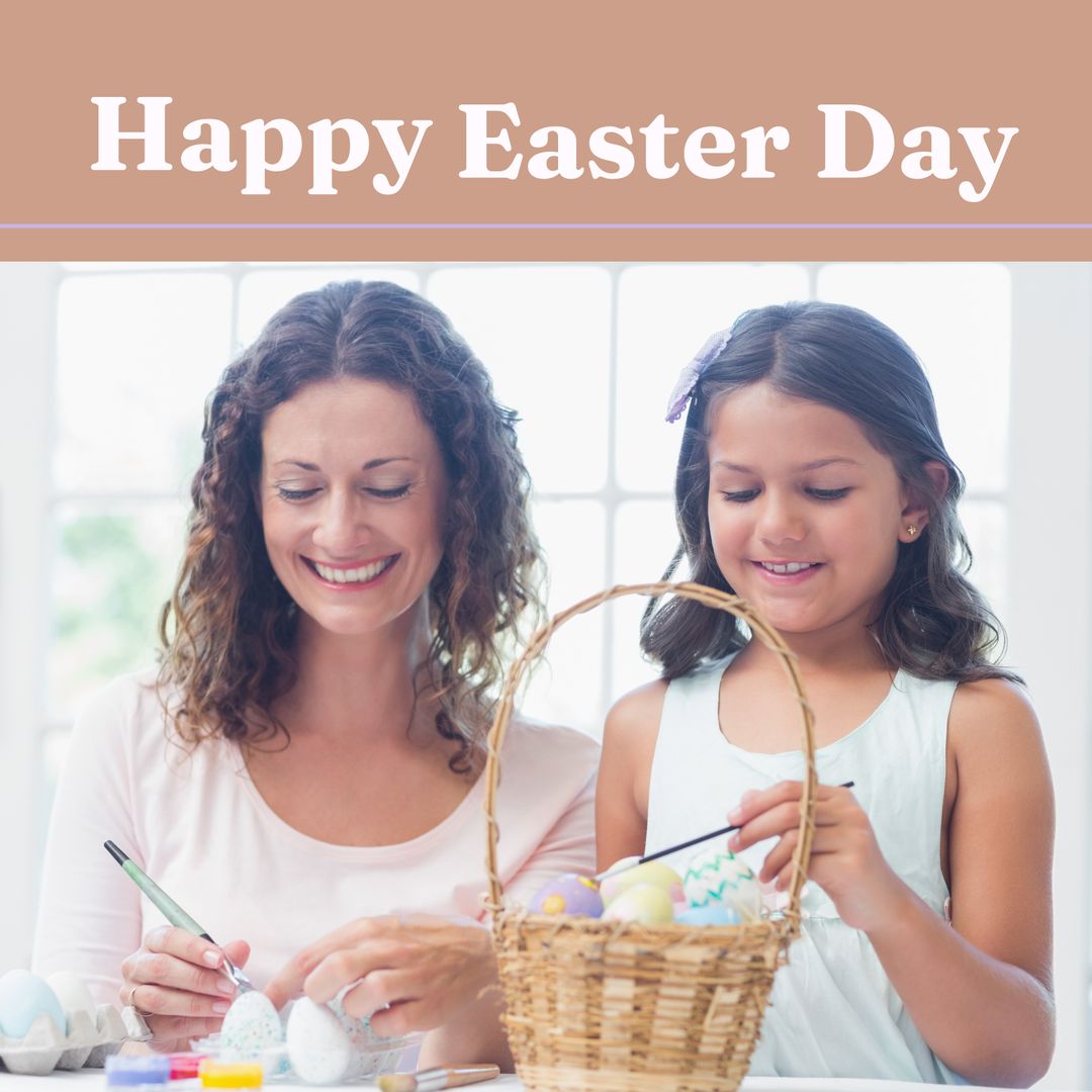 Mother and Daughter Celebrating Easter Preparing Decorations