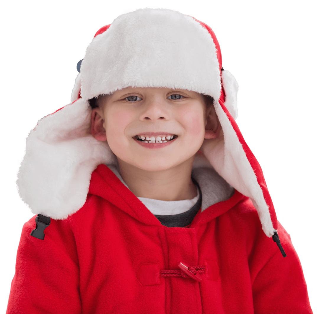 Smiling Boy in Red Winter Hat on Transparent Background