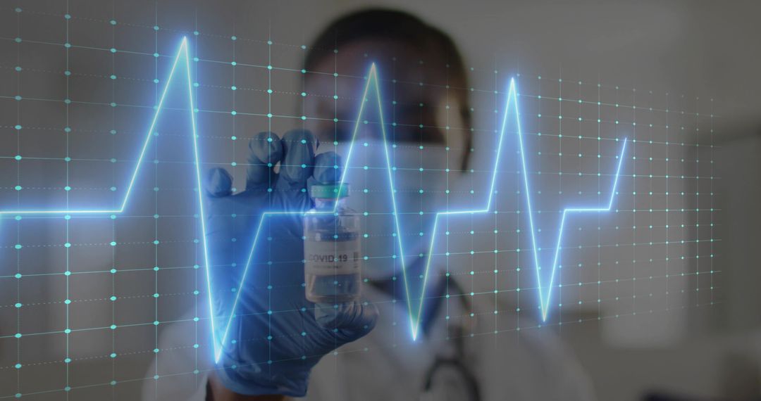 Doctor Showcasing COVID-19 Vial with ECG Overlay