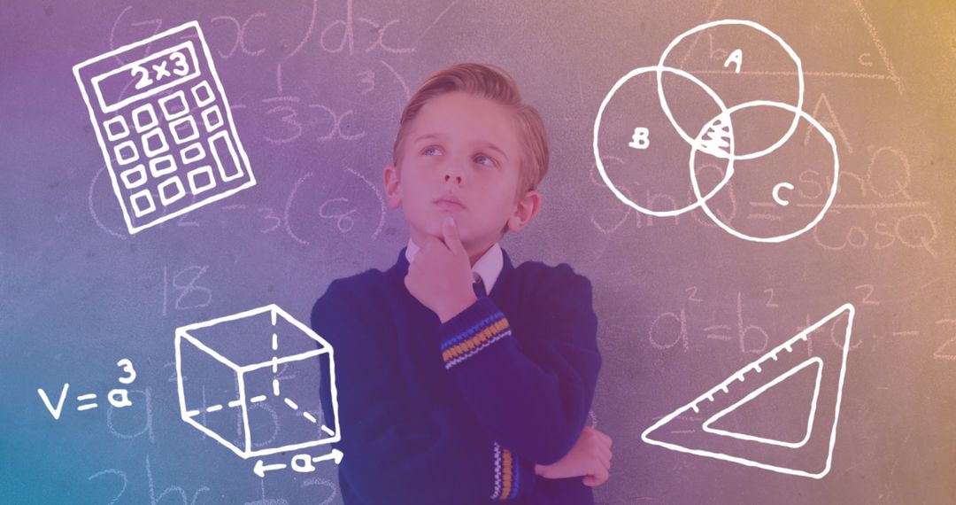Thoughtful Boy Surrounded by Mathematics Symbols