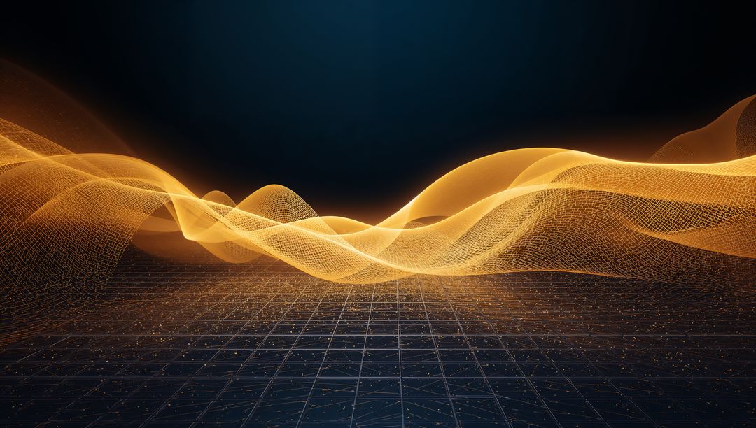 Flowing Golden Wireframe Waves Over Futuristic Grid Stage with Glowing Particles