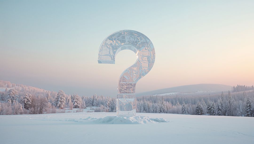 Translucent Ice Sculpture of Question Mark on Snowy Plain at Dawn