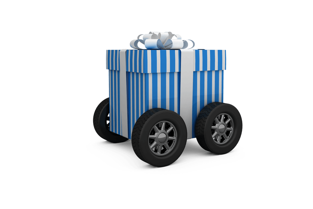 Blue Striped Gift Box on Wheels Transparent Background