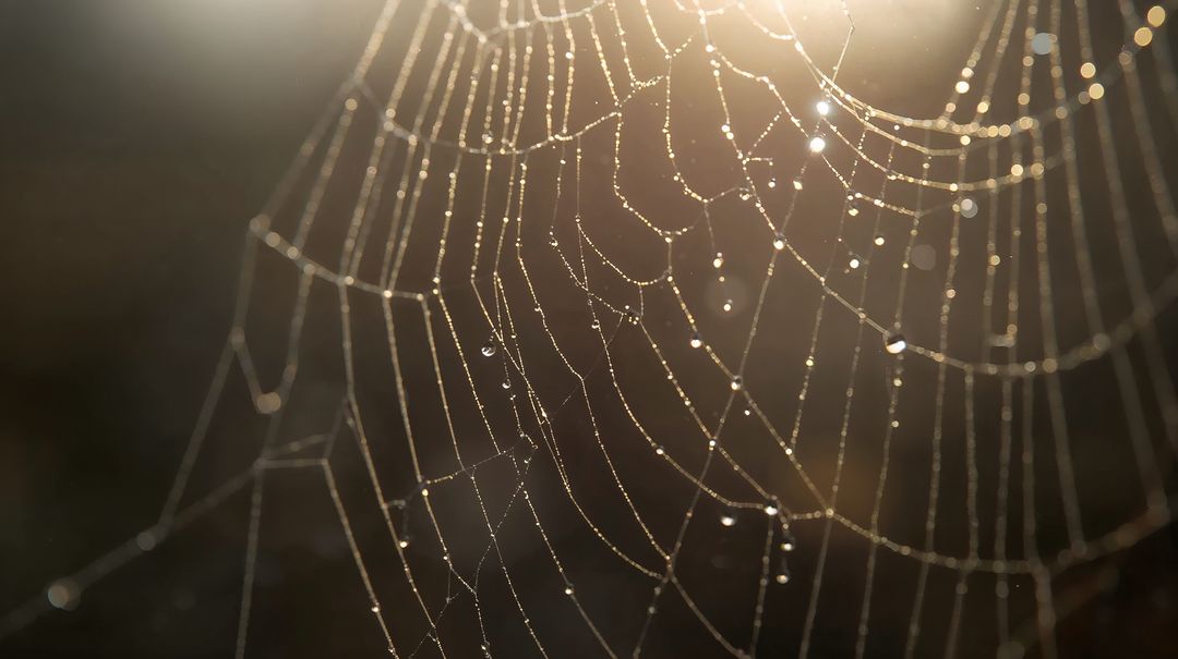 Backlit Dew-Covered Orb Web Catching Warm Morning Light, Macro Spider Silk Detail