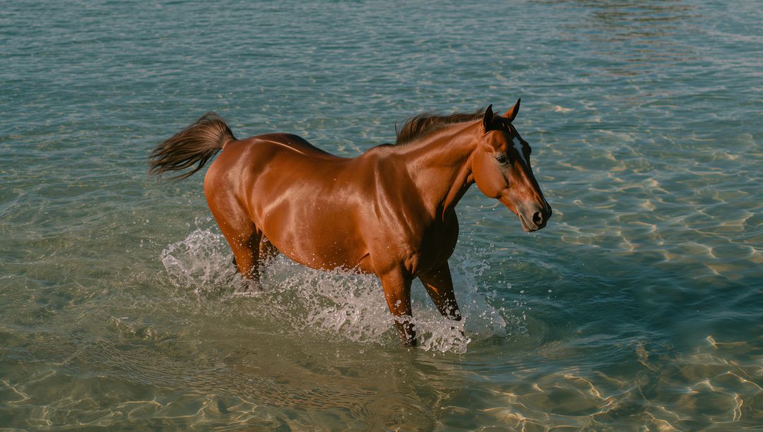 Bay Horse Strolling Through Clear Water