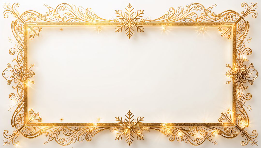 Luxurious Gold Filigree Rectangle Frame with Snowflake Accents and Twinkle Lights