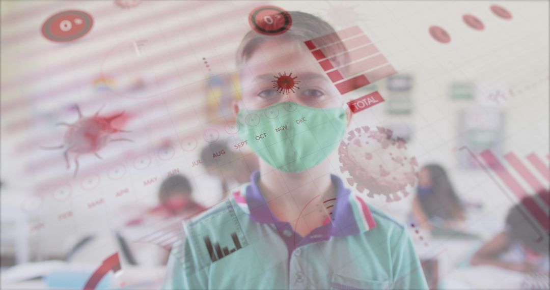 Schoolboy in Classroom Wearing Mask with Overlay of COVID-19 Data