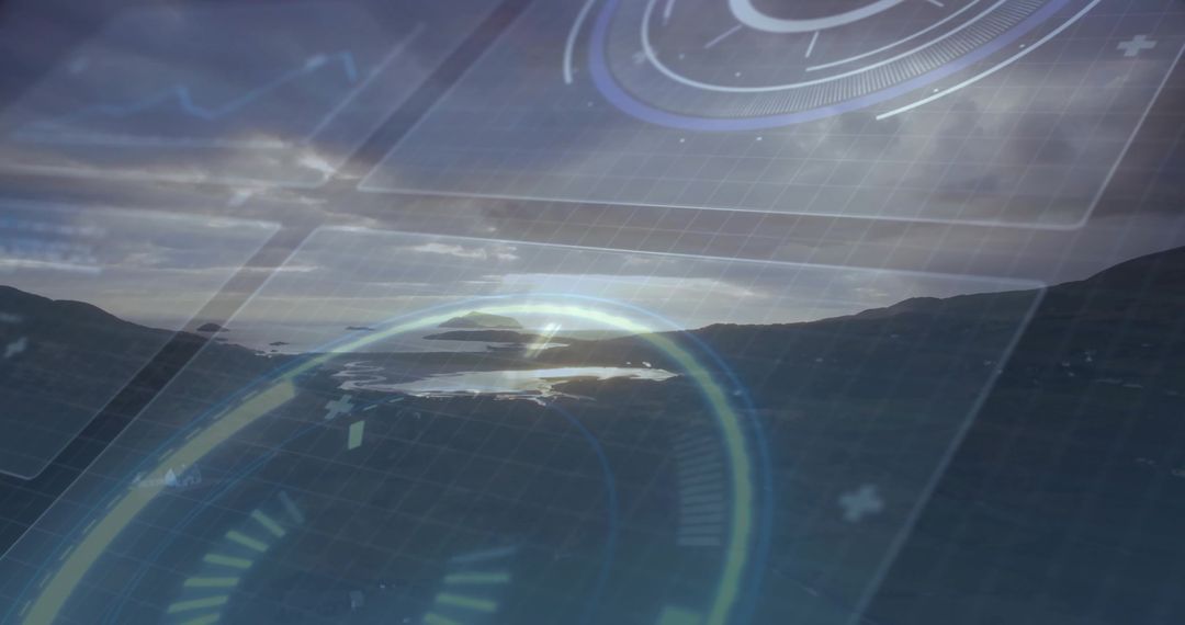 Futuristic HUD Display Over Coastal Hillside at Sunset