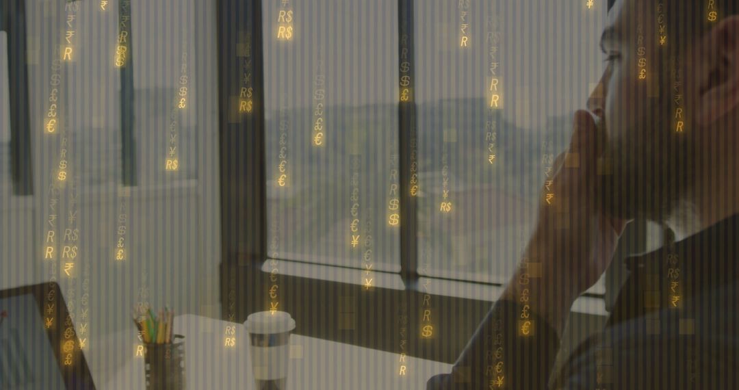 Contemplative Man Thinking by Office Window with Floating Currency Symbols