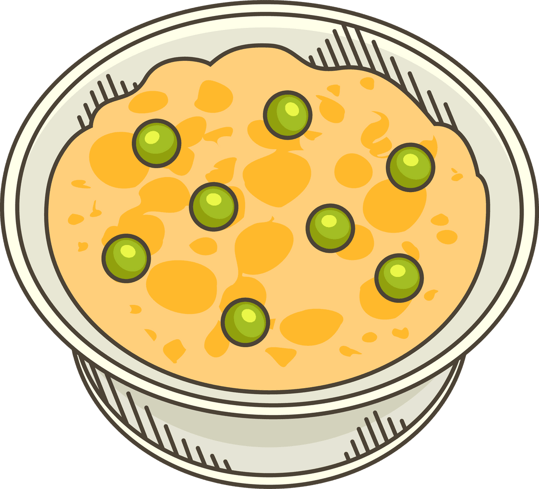 Creamy Orange Soup with Peas in Cartoon White Bowl on Transparent Background