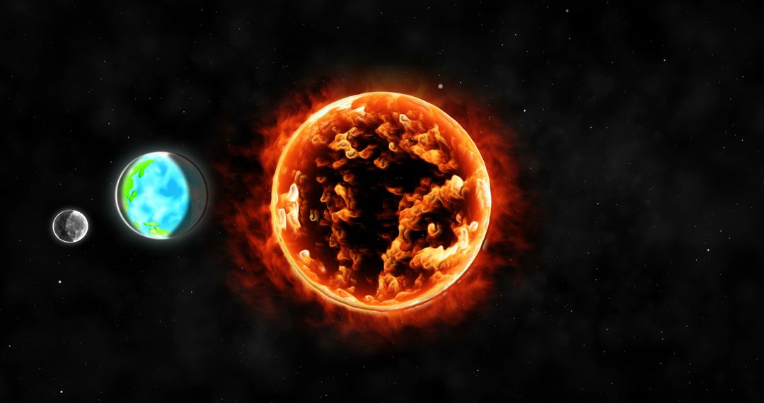 Earth and Moon Orbiting Fiery Sun in Vast Space