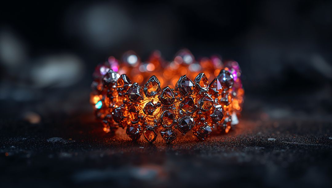 Glowing Crystal Ring on Dark Surface Emitting Orange Luminescence
