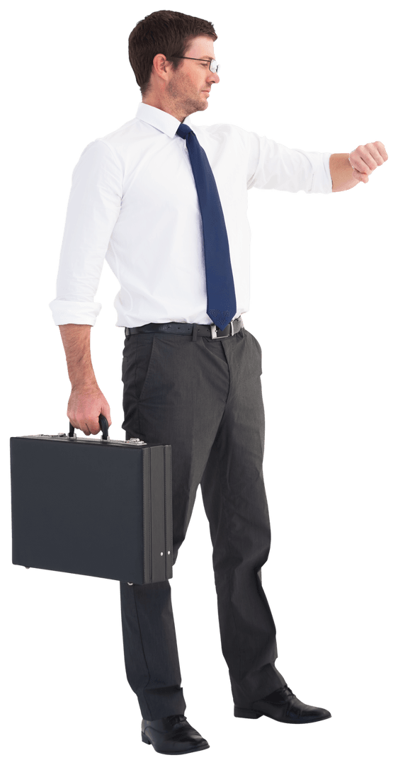 Transparent Businessman Holding Briefcase Checking Time
