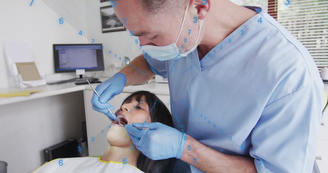 Male dentist examining female patient teeth during dental checkup in clinic wearing mask and gloves