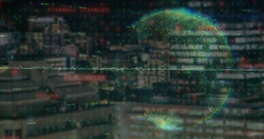 Holographic Globe Displaying Data Codes Over City Skyline at Dusk