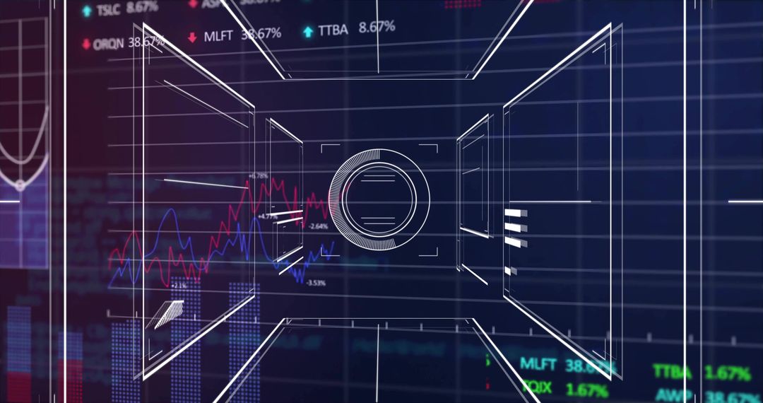 Futuristic Data Visualization with Stock Tickers and Line Graphs