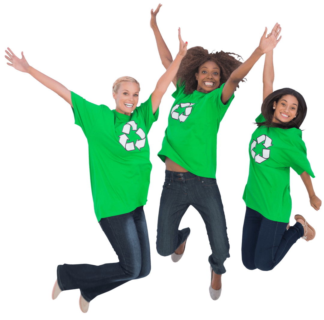 Joyful Environmental Activists in Green Shirts with Recycle Symbol, Isolated Transparent