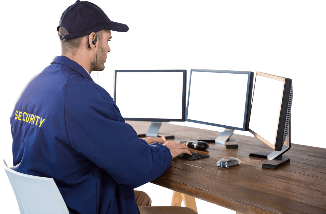 Security Officer Monitoring Screens on Transparent Background